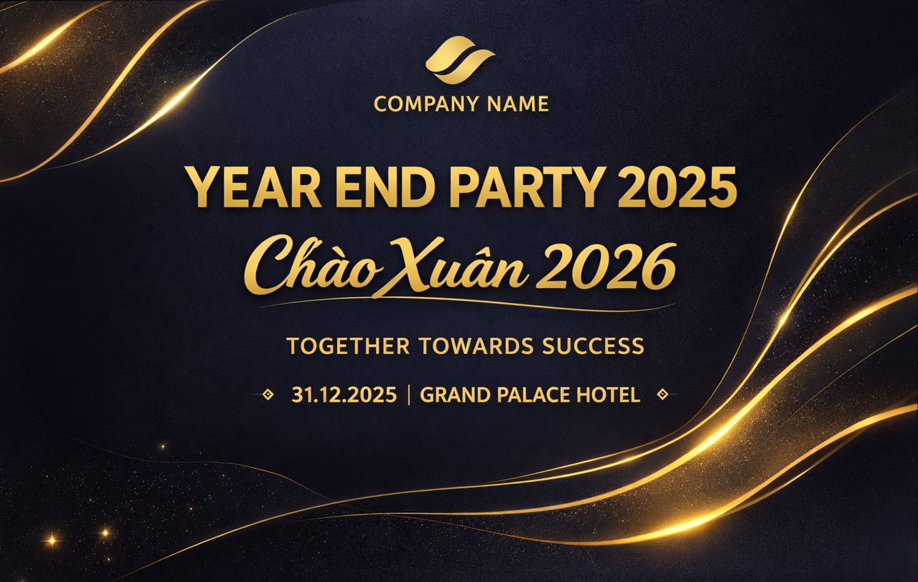 Backdrop tông tối phối gold ánh kim, chữ gãy gọn, tạo vẻ sang trọng cho Gala tất niên đẳng cấp