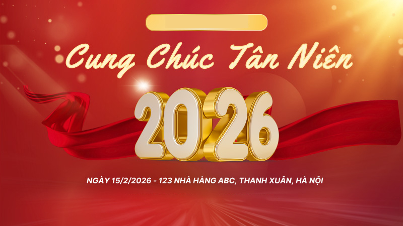 Backdrop tông tối phối gold ánh kim, chữ gãy gọn, tạo vẻ sang trọng cho Gala tất niên đẳng cấp