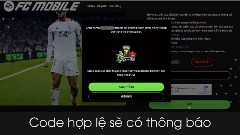 Hệ thống thông báo đổi quà thành công