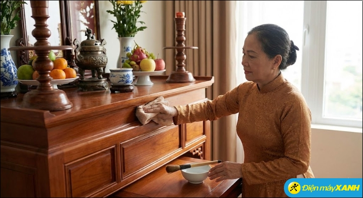 Việc bao sái (lau dọn) bàn thờ là bắt buộc để đón năng lượng mới