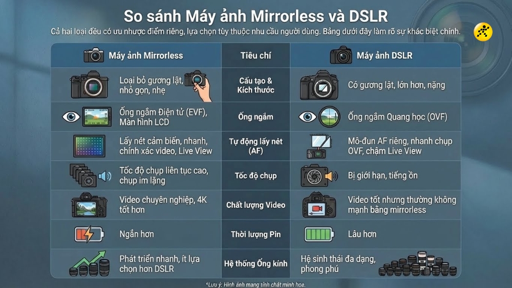 So sánh máy ảnh Mirrorless và DSLR So sánh máy ảnh Mirrorless và DSLR