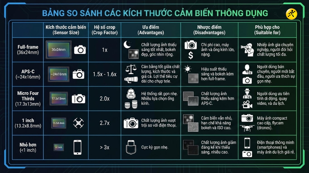 Bảng so sánh các kích thước cảm biến phổ biến Bảng so sánh các kích thước cảm biến phổ biến