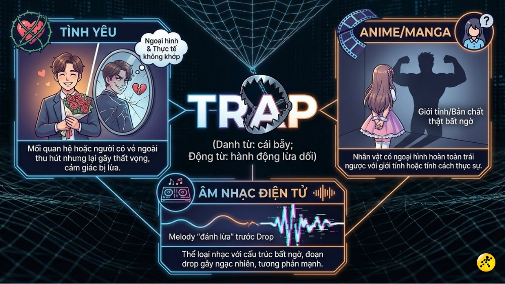 "Trap" trong tiếng Anh c&oacute; nghĩa danh từ l&agrave; c&aacute;i bẫy