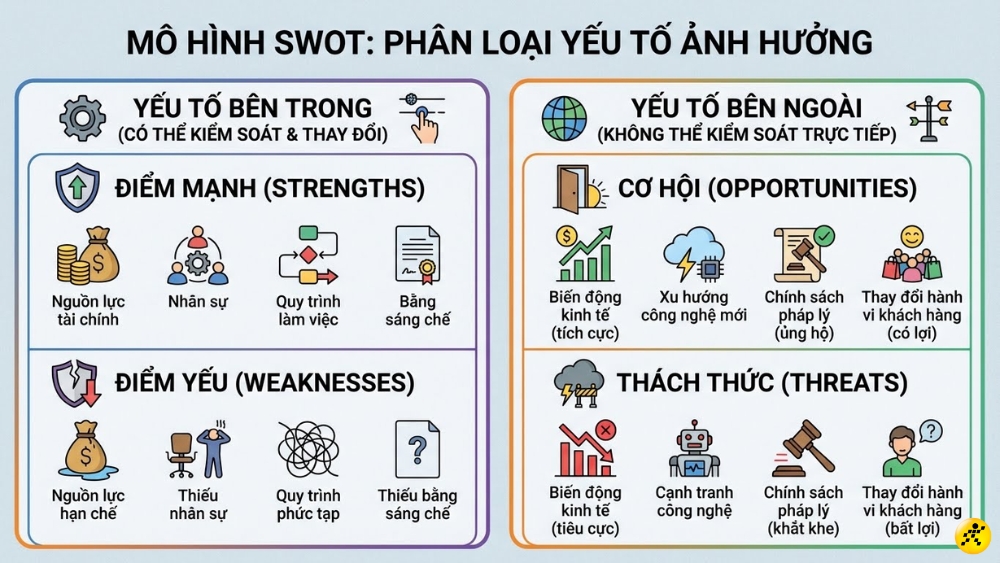 SWOT phân loại yếu tố tác động thành 2 nhóm chính SWOT phân loại yếu tố tác động thành 2 nhóm chính