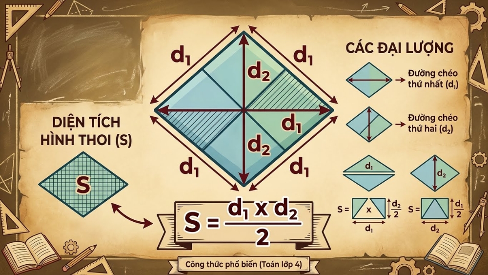 T&iacute;nh diện t&iacute;ch h&igrave;nh thoi dựa v&agrave;o độ d&agrave;i hai đường ch&eacute;o