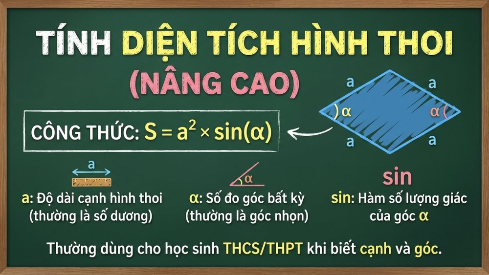 T&iacute;nh diện t&iacute;ch h&igrave;nh thoi bằng c&ocirc;ng thức lượng gi&aacute;c