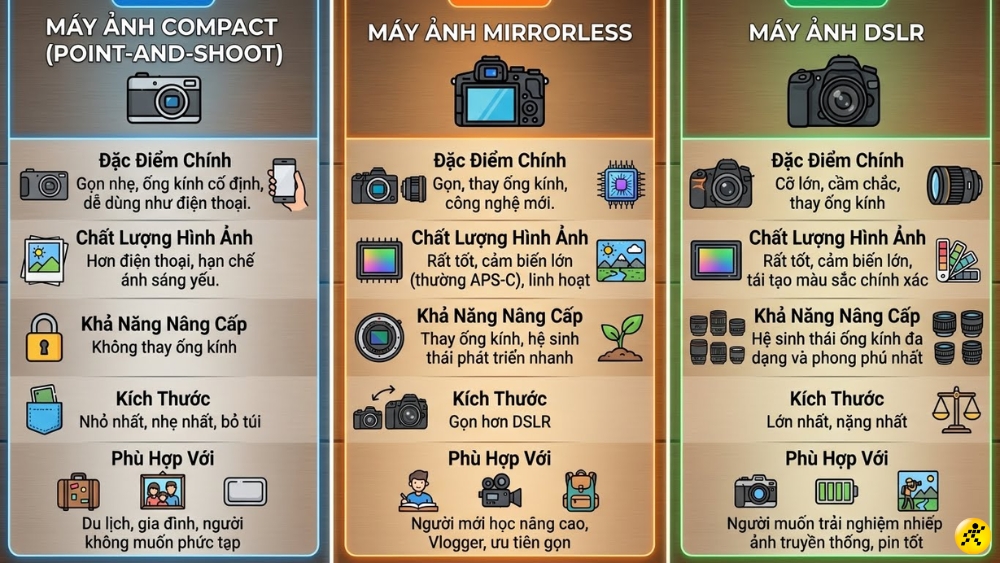 Hiện nay phổ biến 3 d&ograve;ng m&aacute;y ảnh ch&iacute;nh