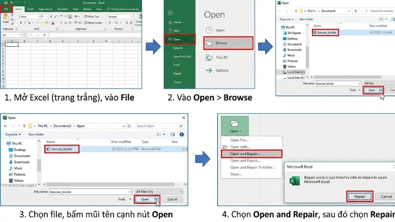 Sử dụng t&iacute;nh năng Open and Repair