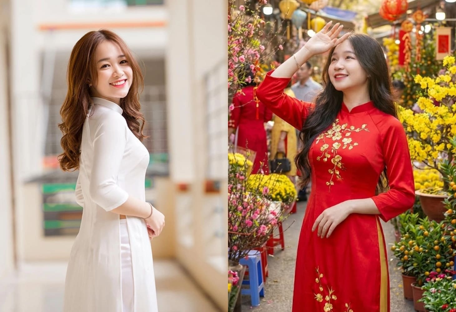 Tóc uốn gợn sóng kết hợp với áo dài thướt tha mềm mại