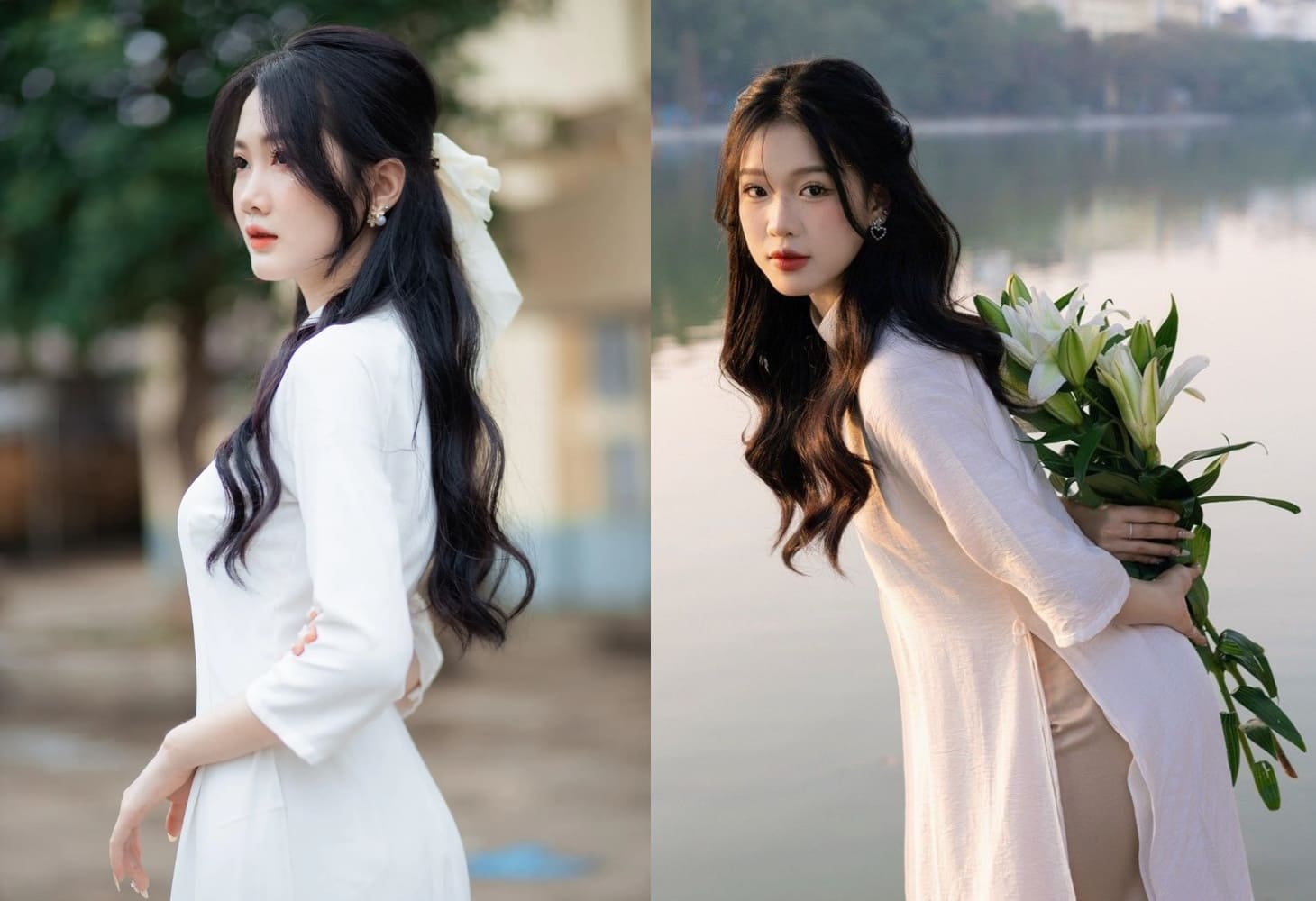 Kiểu tóc buộc nửa đầu phối cùng áo dài mang lại nét đẹp nên thơ, trẻ trung