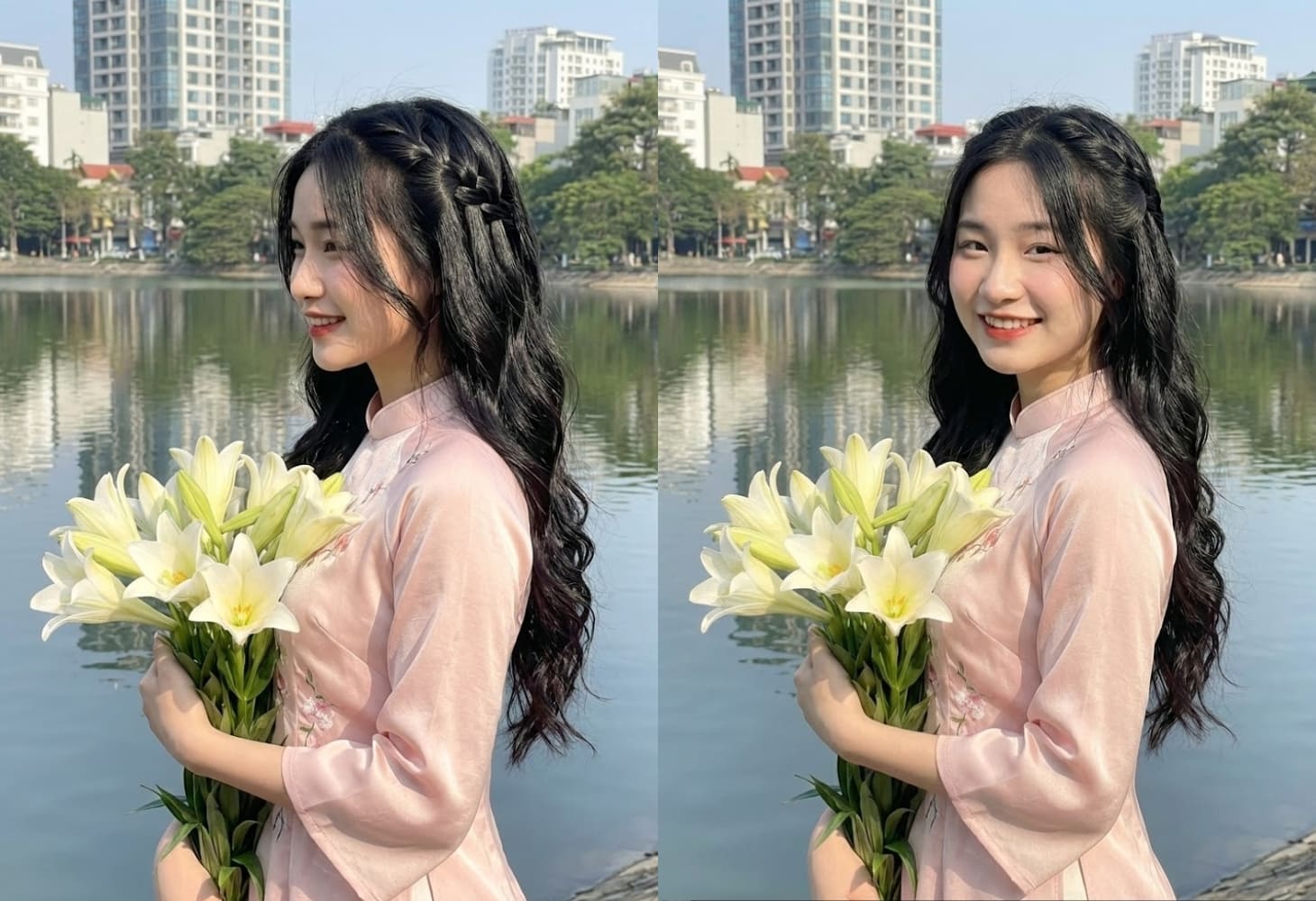 Tóc tết thác nước mặc áo dài dịu dàng, đằm thắm