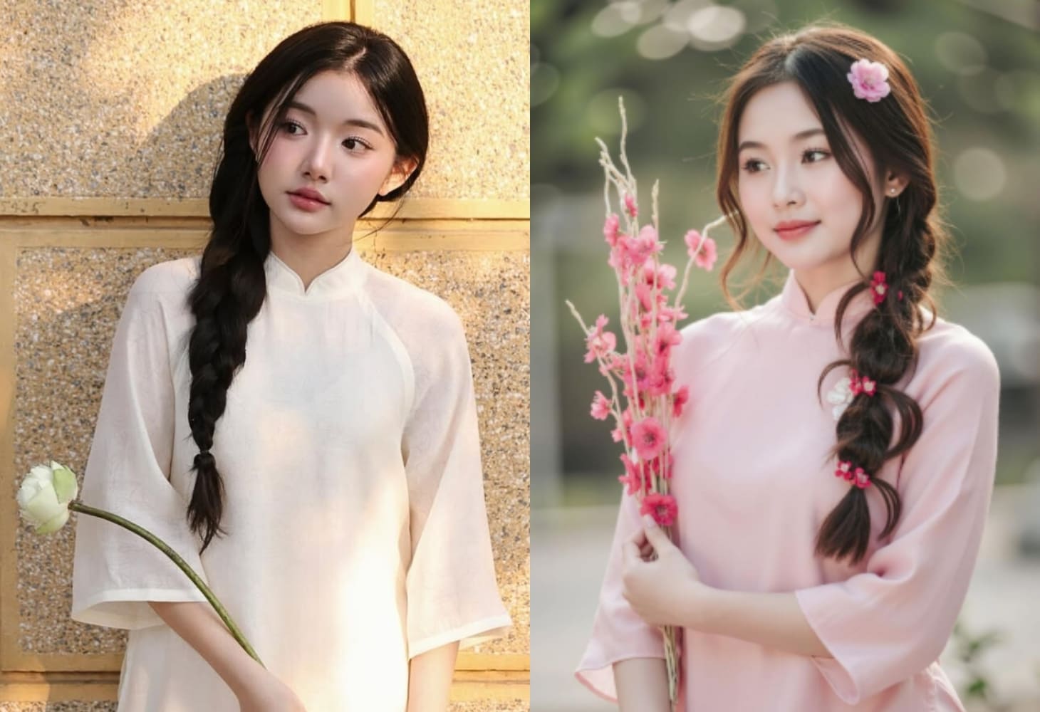 Tóc tết lệch một bên kết hợp với áo dài