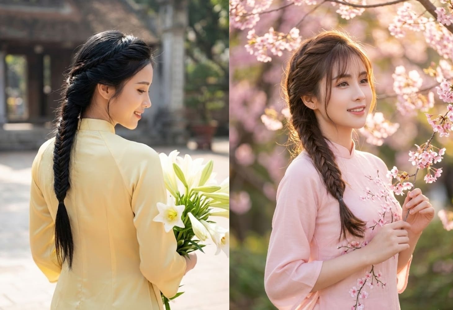 Tóc tết đuôi cá phối với áo dài lạ mắt, gọn gàng