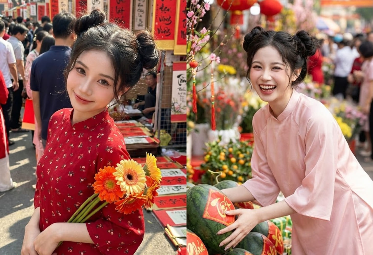 Tóc búi natra kết hợp cùng tà áo dài thể hiện phong cách đáng yêu, tinh nghịch