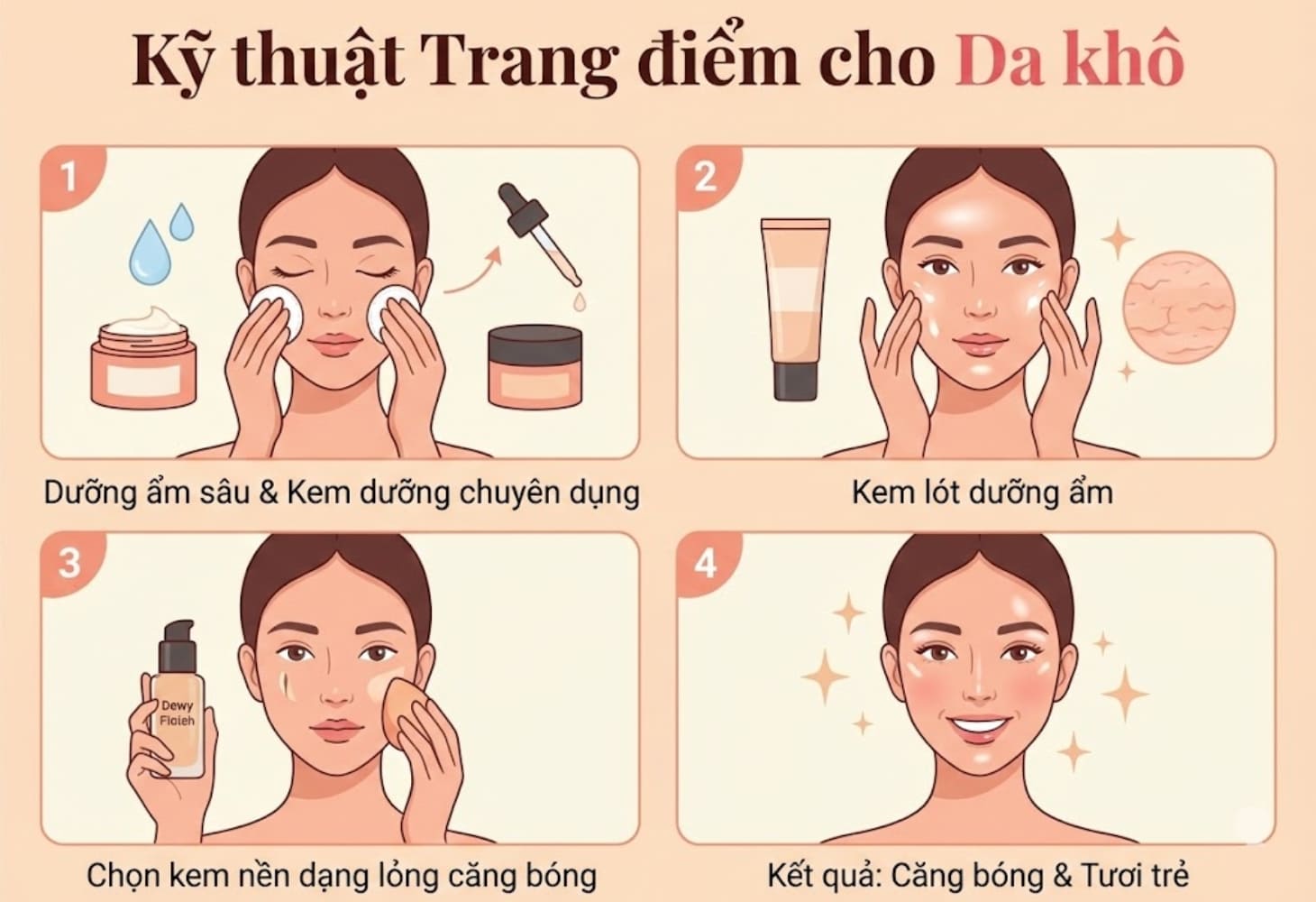 Cách trang điểm dành cho da khô để không bị mốc nền