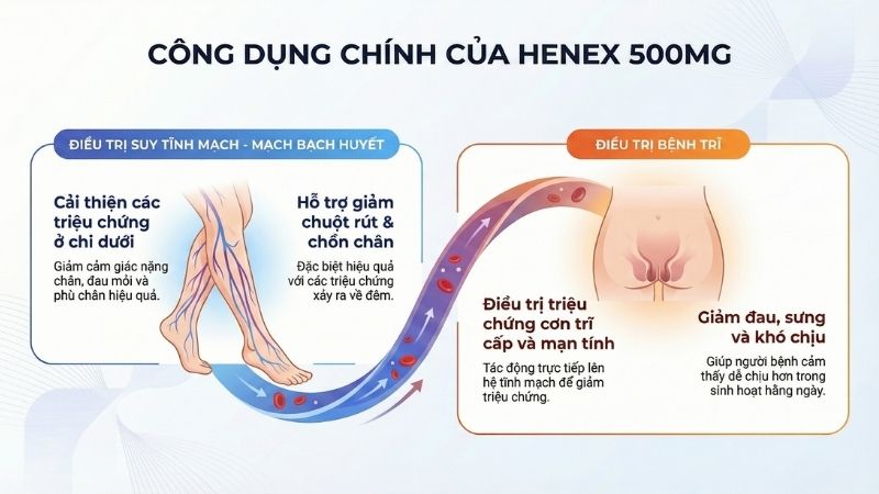 C&ocirc;ng dụng ch&iacute;nh của thuốc Henex 500mg
