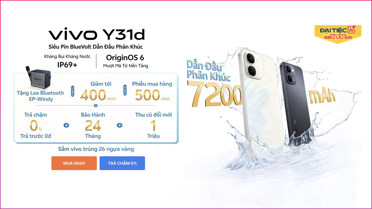 Hotsale mở bán vivo Y31d: Tặng loa bluetooth hoặc giảm 400K hoặc tặng PMH 500K, thu cũ đổi mới trợ giá đến 1 triệu