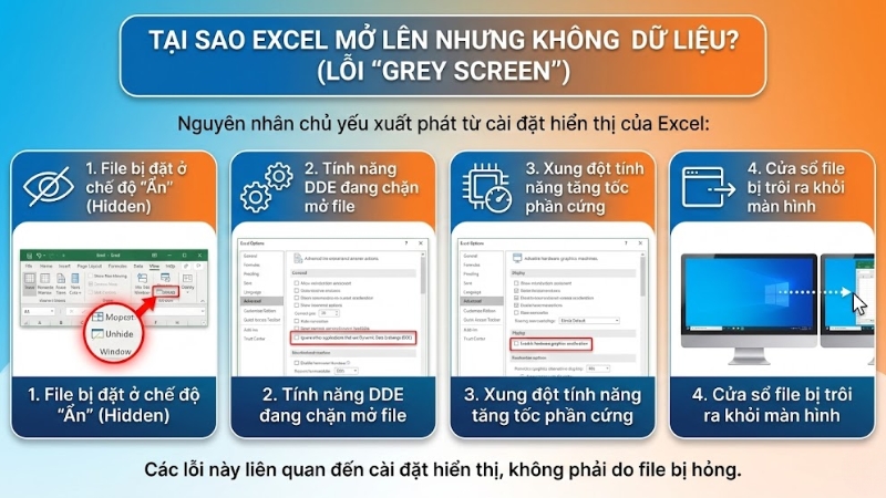 Tại sao Excel mở l&ecirc;n nhưng kh&ocirc;ng thấy dữ liệu?