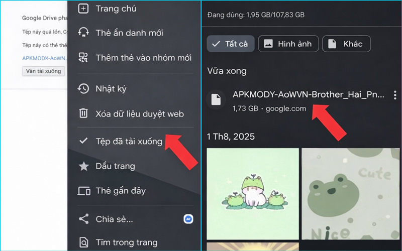Mở Quản lý tệp, vào Tệp đã tải xuống, chọn file .apk rồi nhấn Cài đặt để cài game nhanh chóng