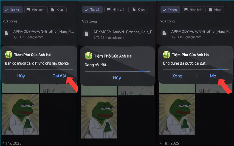 Sau khi tải xong, chọn file APK trong thư mục tải về, cài đặt và nhấn Mở để bắt đầu chơi game