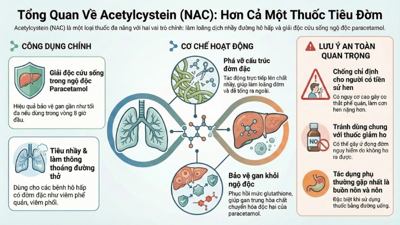 Acetylcystein giúp phá vỡ cấu trúc đờm đặc và bảo vệ gan khỏi ngộ độc Acetylcystein giúp phá vỡ cấu trúc đờm đặc và bảo vệ gan khỏi ngộ độc