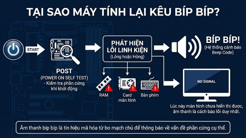 Nếu ph&aacute;t hiện linh kiện bị lỏng hoặc hỏng, m&aacute;y t&iacute;nh sẽ ph&aacute;t ra &acirc;m thanh b&aacute;o lỗi