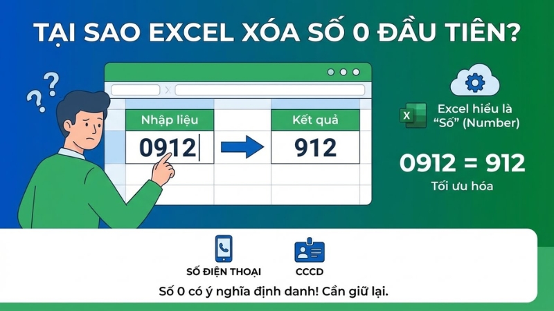 Tại sao Excel tự động x&oacute;a số 0 ở đầu?