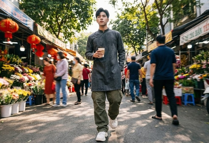 Chàng trai chụp ảnh với áo dài Tết trong dáng đi năng động