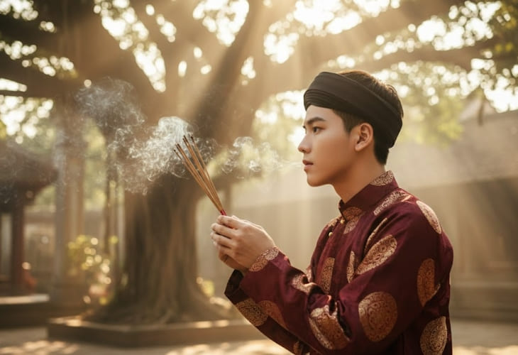 Chàng trai trong bộ áo dài khăn đống dâng hương ngày Tết