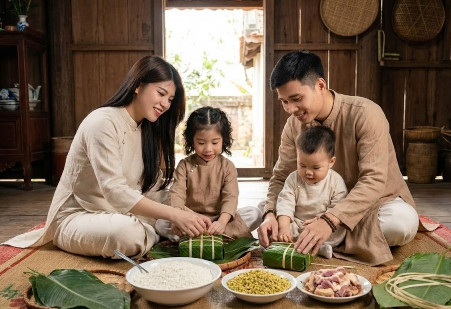 Gia đình mặc áo dài truyền thống cùng gói bánh chưng