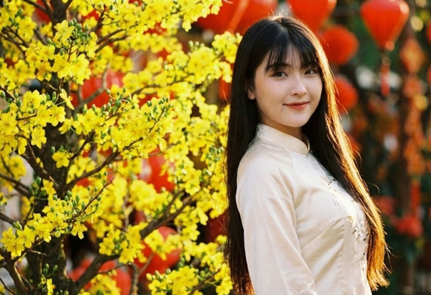 Cô gái mặc áo dài đứng bên cành mai