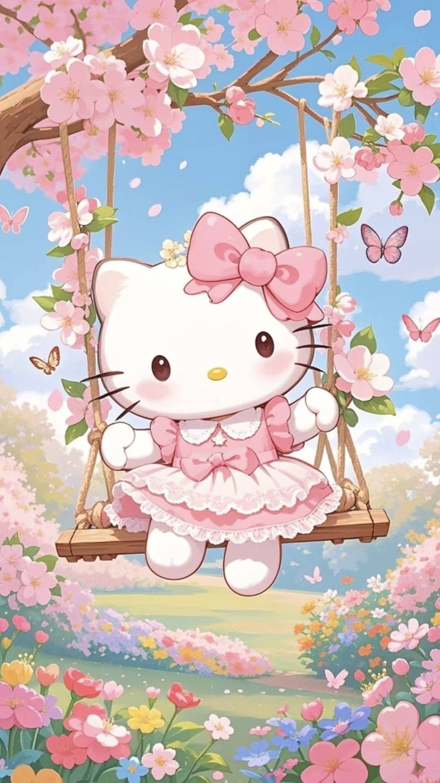 Hello Kitty ngồi x&iacute;ch đu giữa vườn hoa anh đ&agrave;o