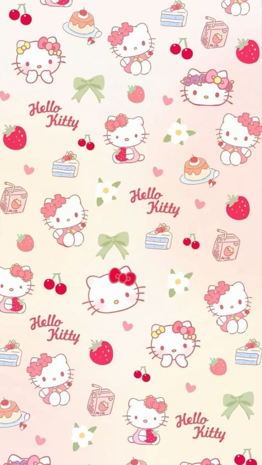Hello Kitty pastel với b&aacute;nh ngọt, d&acirc;u t&acirc;y, cherry v&agrave; nơ,