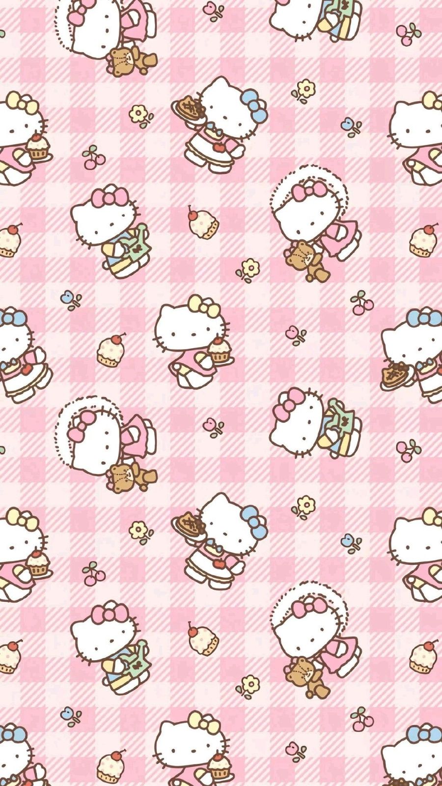 H&igrave;nh nền pattern Hello Kitty nền caro hồng
