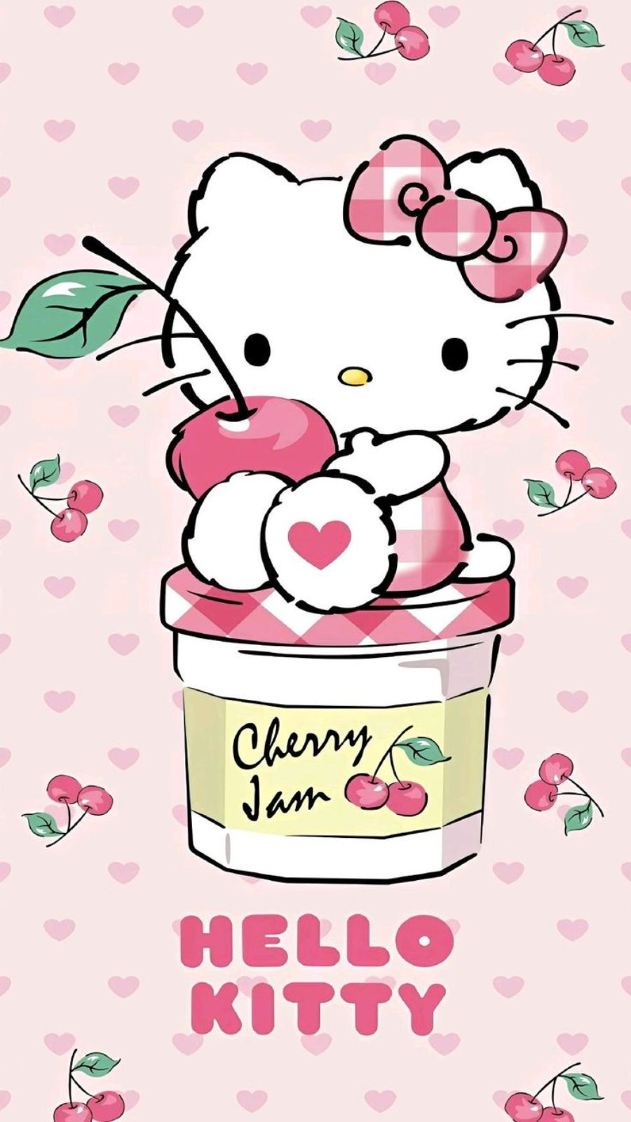 H&igrave;nh nền Hello Kitty ngồi tr&ecirc;n hũ mứt cherry