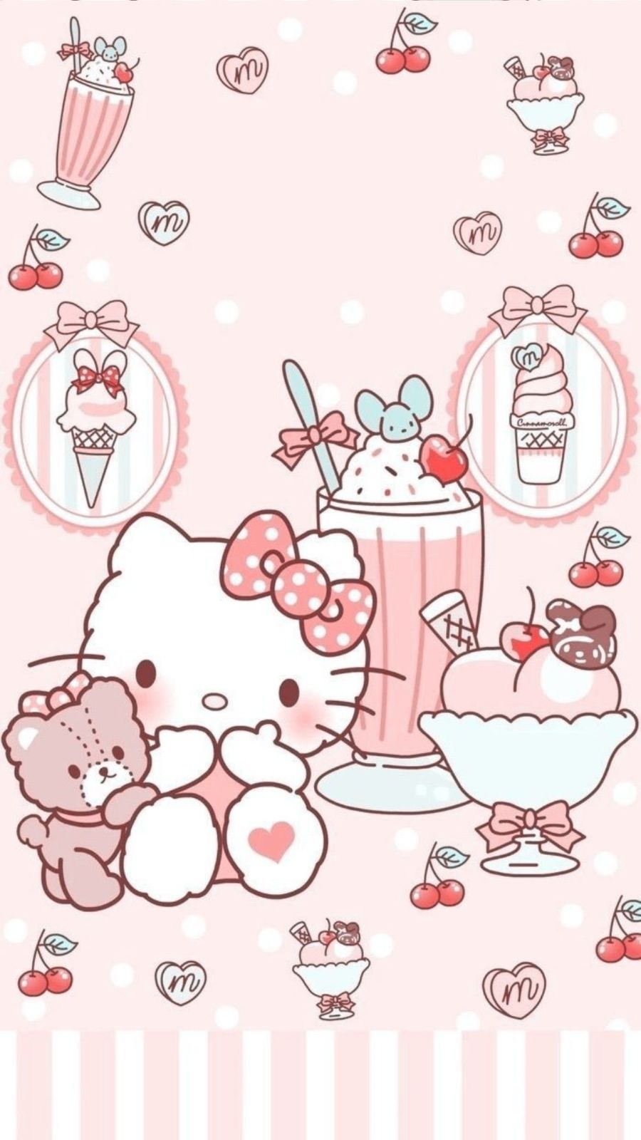 H&igrave;nh nền Hello Kitty &ocirc;m gấu b&ocirc;ng b&ecirc;n ly kem v&agrave; sữa lắc