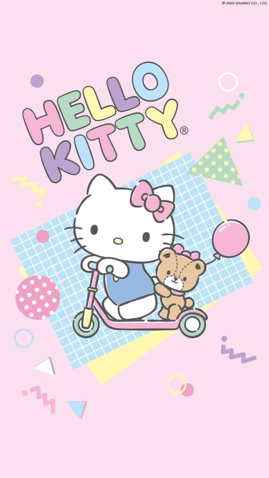 H&igrave;nh nền Hello Kitty đi xe scooter c&ugrave;ng gấu b&ocirc;ng