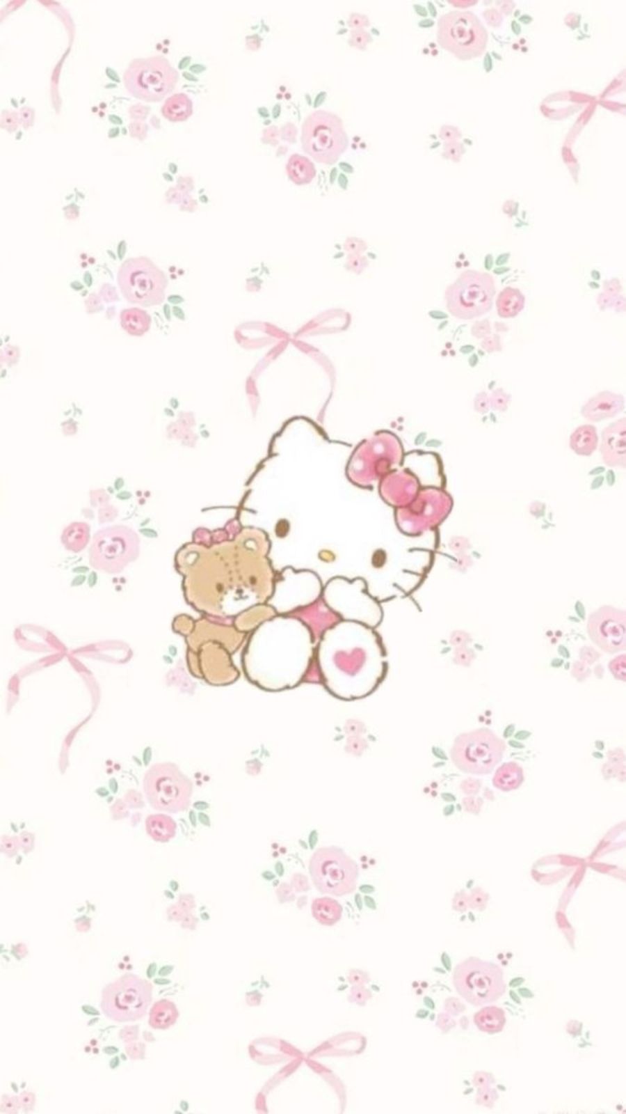 H&igrave;nh nền Hello Kitty &ocirc;m gấu b&ocirc;ng tr&ecirc;n nền hoa hồng vintage
