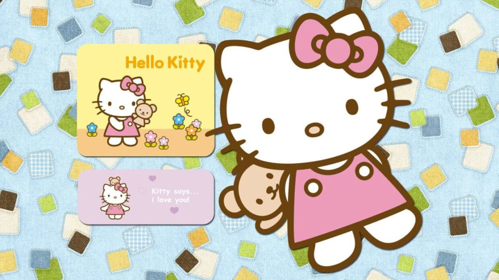 Hình nền Hello Kitty bế gấu bông cute, nền xanh dễ thương cho máy tính. Hình nền Hello Kitty bế gấu bông cute, nền xanh dễ thương cho máy tính.