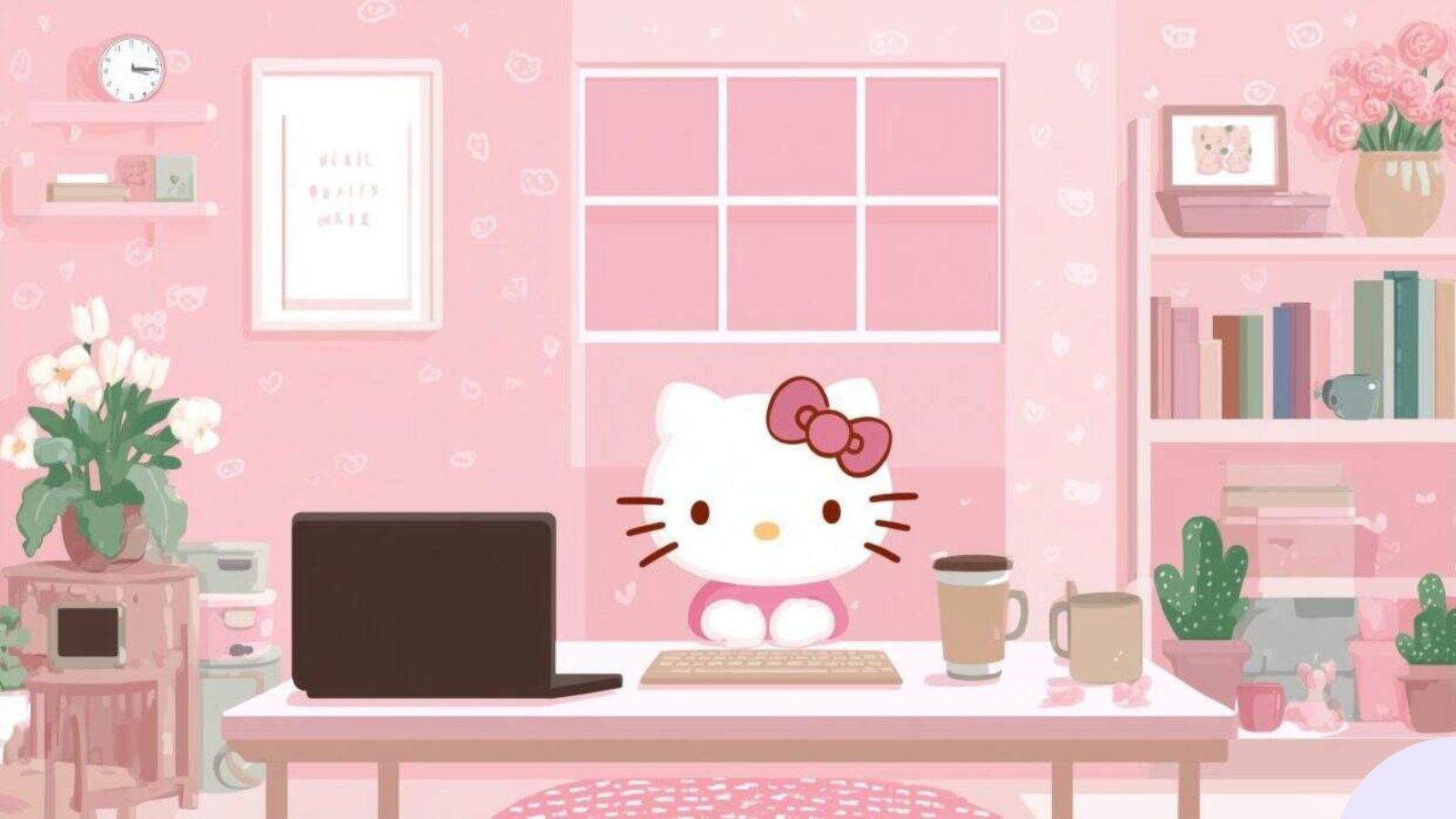 Hình nền Hello Kitty làm việc tại bàn màu hồng cho máy tính Hình nền Hello Kitty làm việc tại bàn màu hồng cho máy tính