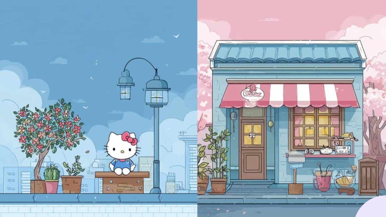 Hình nền Hello Kitty trong khung cảnh phố nhỏ yên bình cho máy tính Hình nền Hello Kitty trong khung cảnh phố nhỏ yên bình cho máy tính