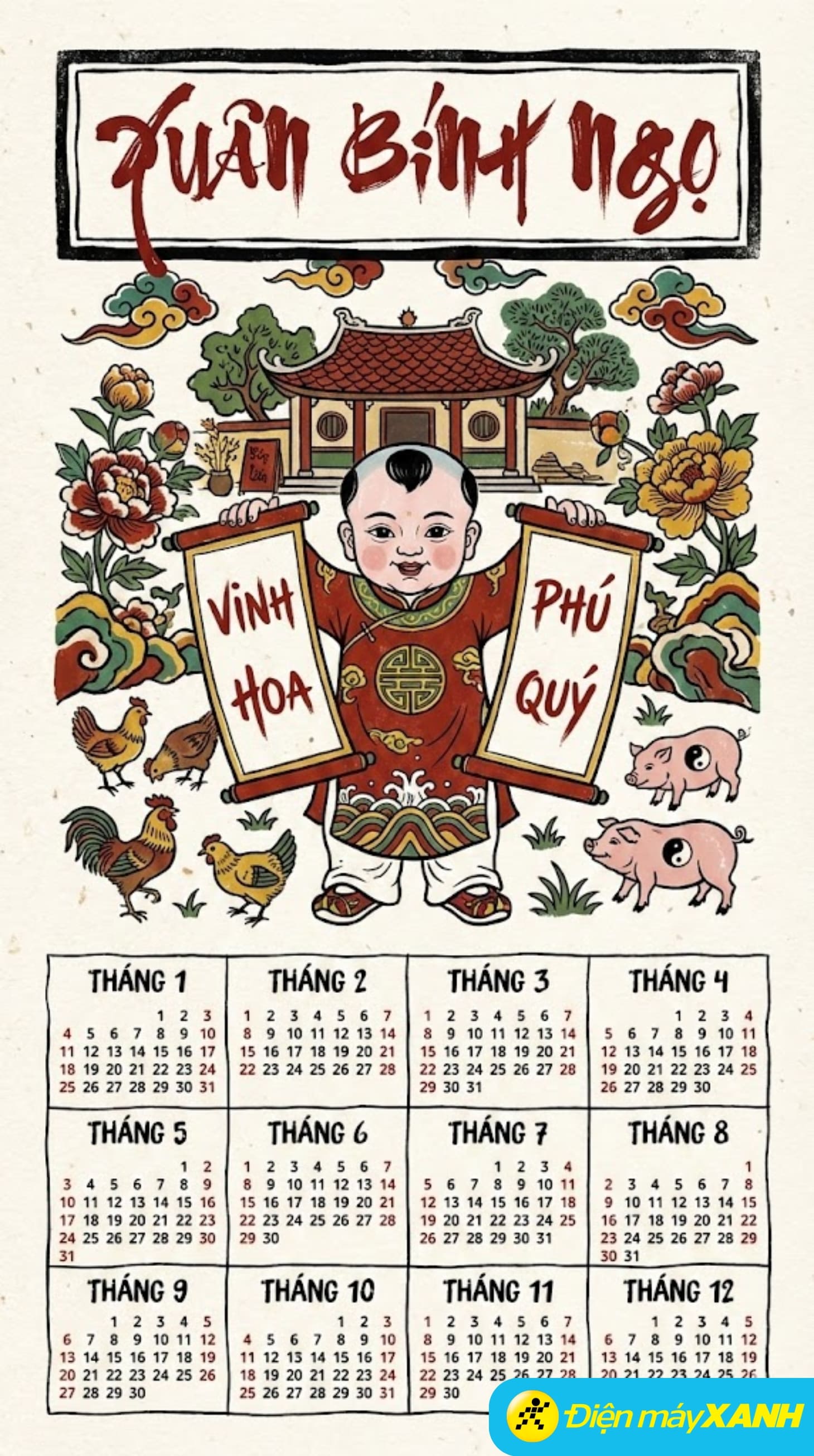 Tạo lịch Tết 2026 phong cách tranh Đông Hồ