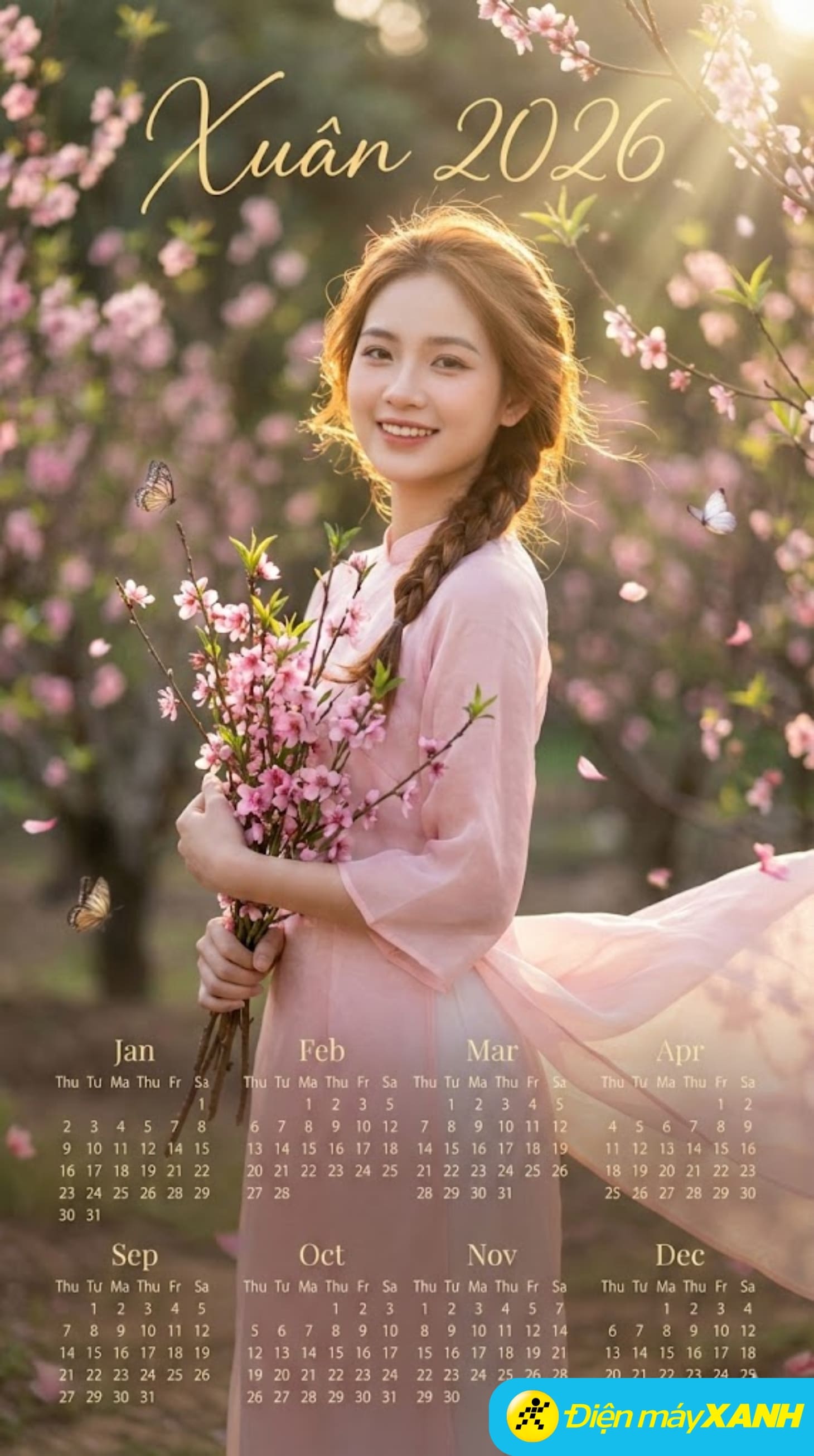 Tạo lịch theo phong các nàng thơ mặc áo dài tươi cười với hoa