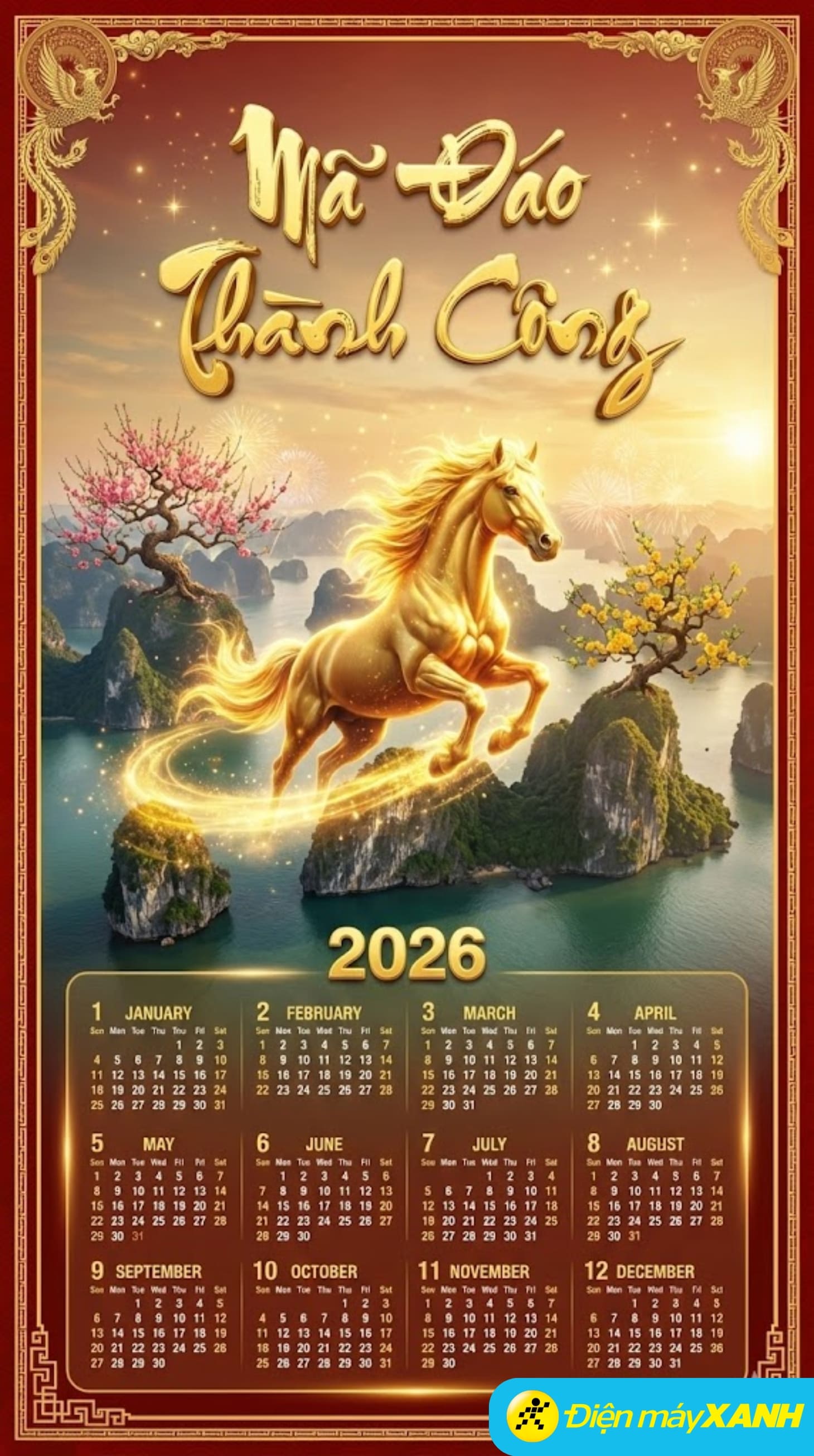 Tạo lịch theo phong cách linh vật Ngựa Thần phi nước đại trên non sơn Vịnh Hạ Long