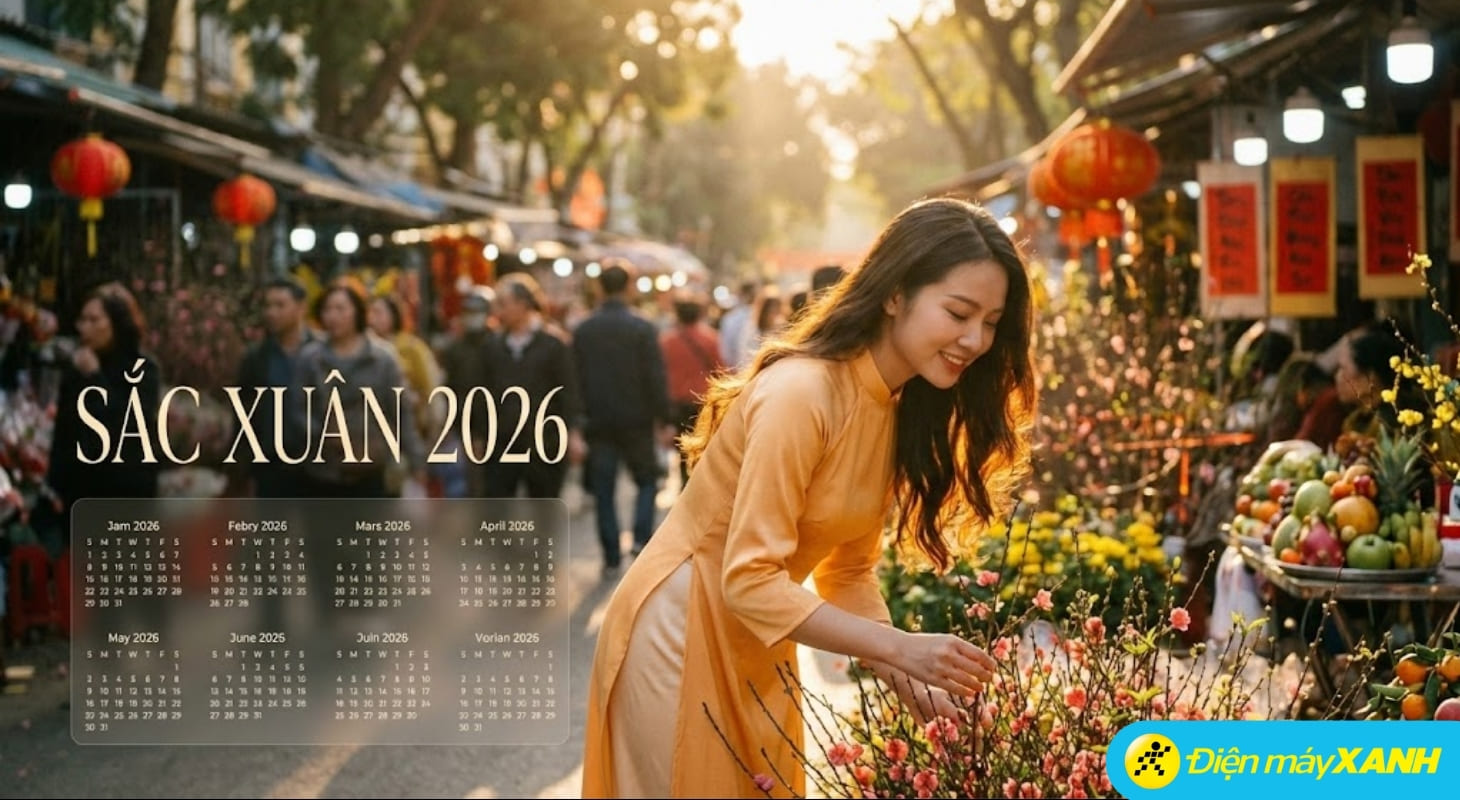 Mẫu lịch cô gái đang lựa hoa giữ chợ xuân, khổ in ngang