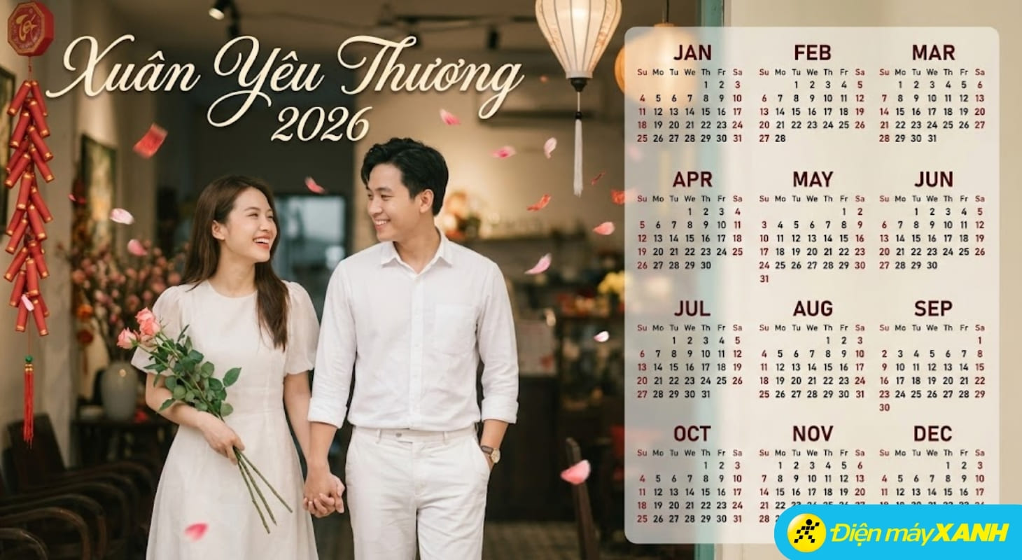 Lịch 2026 hình ảnh cặp đôi hạnh phúc đón xuân
