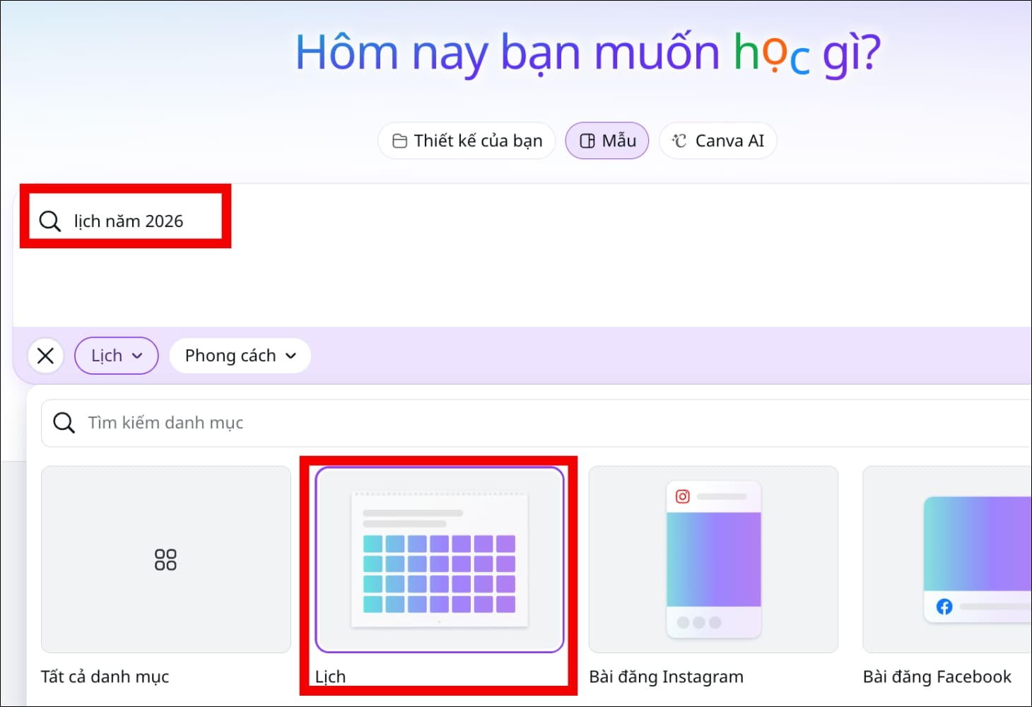Dàn trang lịch bằng mẫu có sẵn trên Canva