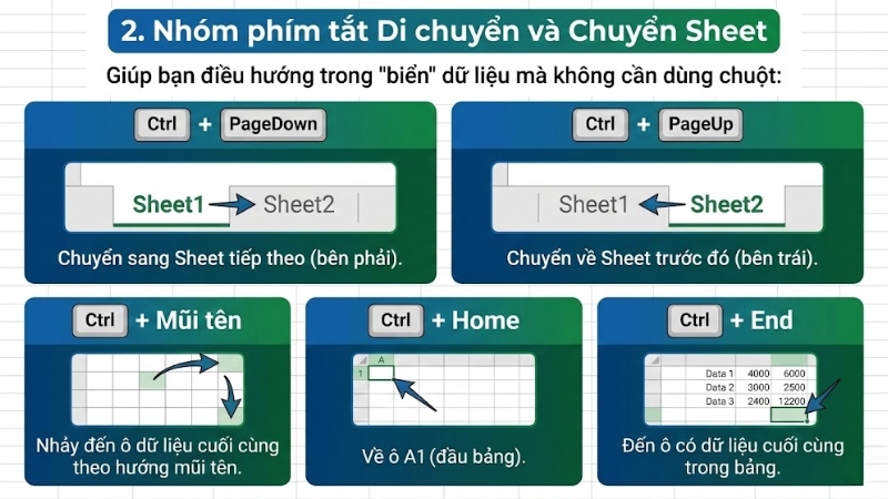 Nh&oacute;m ph&iacute;m tắt Di chuyển v&agrave; Chuyển Sheet