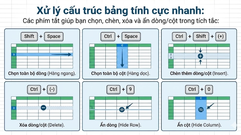Nh&oacute;m ph&iacute;m tắt Thao t&aacute;c D&ograve;ng & Cột