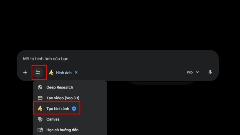 Bạn nhớ chọn c&ocirc;ng cụ Tạo h&igrave;nh ảnh trong Gemini